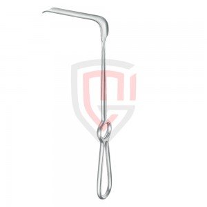 Soft tissue hook, acc. to Obwegeser, bent downwards, 42 mm x 10 mm, total length 23 cm