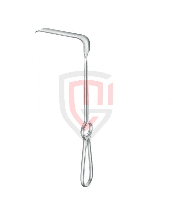 Soft tissue hook, acc. to Obwegeser, bent downwards, 42 mm x 10 mm, total length 23 cm